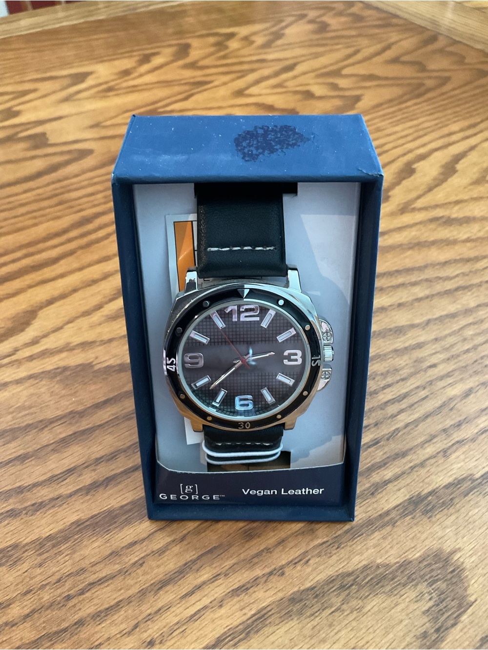 NIB George Men’s Black Vegan Leather Strap, Textured Dial, Red Second Hand
